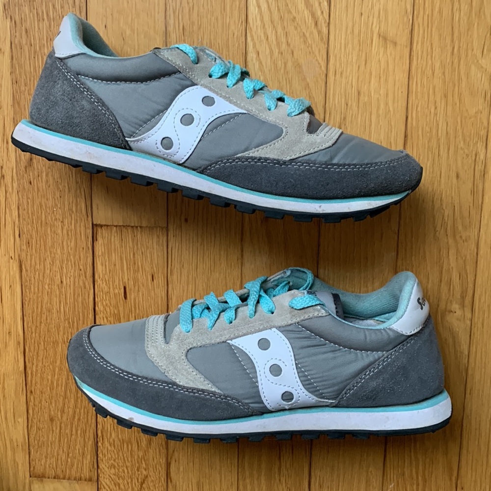 SAUCONY Jazz Low Pro Sneaker Womens Size 8 Gray Teal Blue White Old School